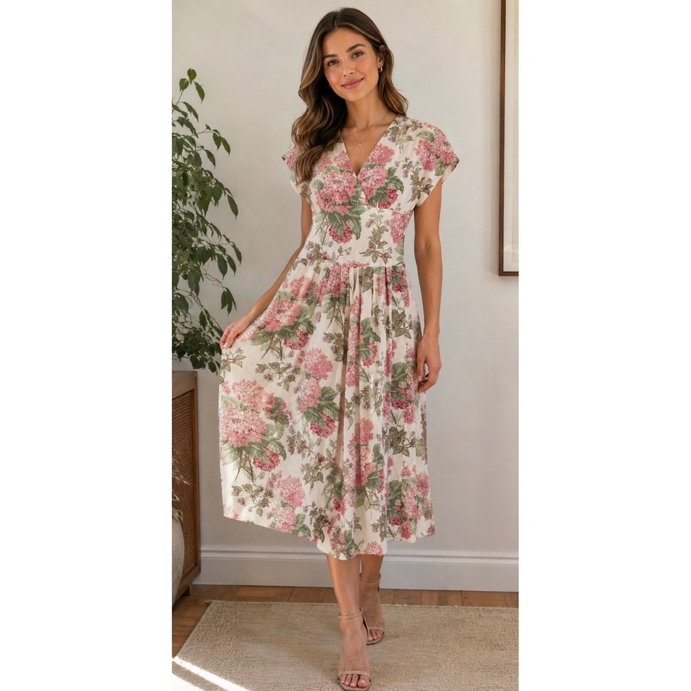 Vtg
 Pink Hydrangea S Floral Midi Dress V-Neck Button Back Cottagecore feminine